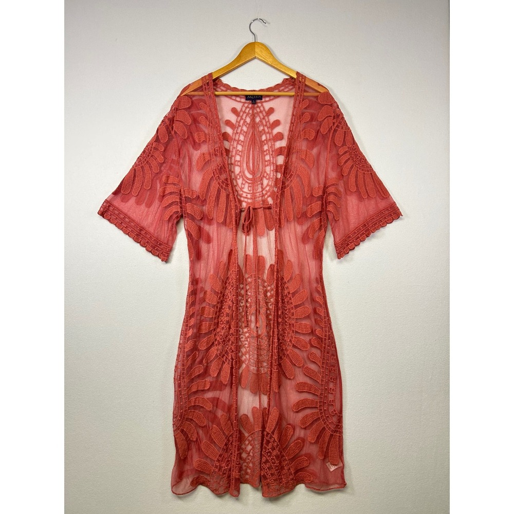 Romantic Ethereal Lace Mesh Duster Women Small Coral Tie Front‎ Kimono Boho